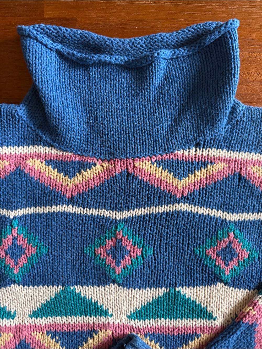 Vintage Marina Blue Geometric Pattern Mock Turtleneck Sweater - Picture 4 of 12